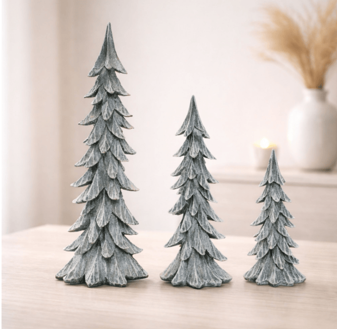 Set of 3 gray resin snowy Christmas tree figurines in graduated sizes