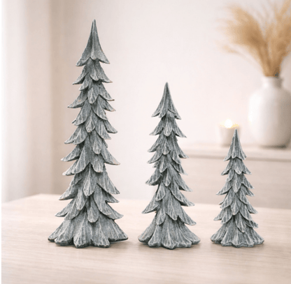 Set of 3 gray resin snowy Christmas tree figurines in graduated sizes
