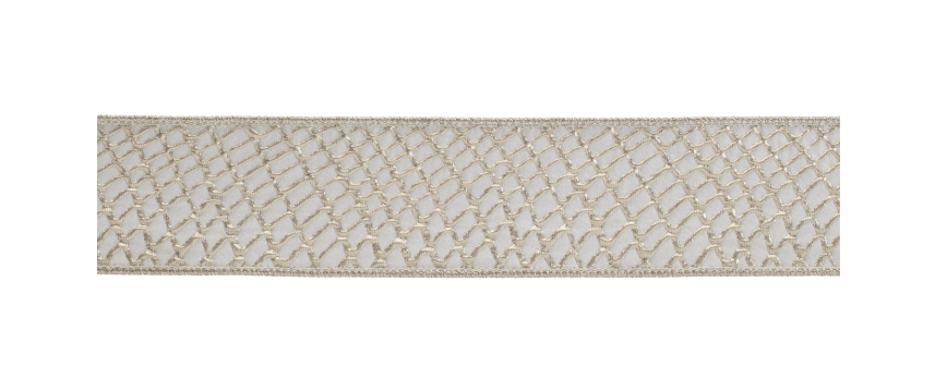 White wired ribbon with gold diamond net pattern, 2.5 inches wide