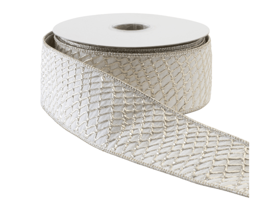 Ivory wired ribbon roll with silver metallic snakeskin pattern, 2.5 inches wide