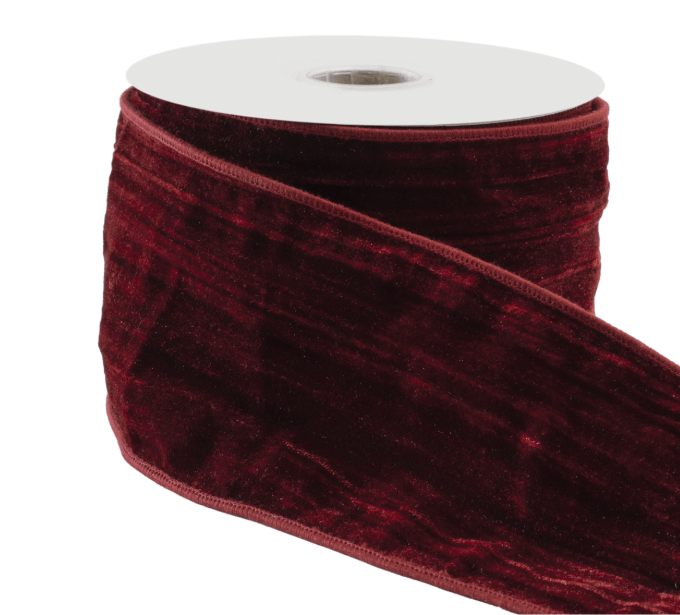 Deep burgundy crushed velvet wired ribbon roll, 4 inches wide with shimmer effect