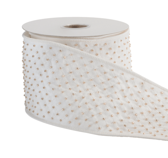 Ivory wired ribbon roll with gold bead accents, 4 inches wide on spool
