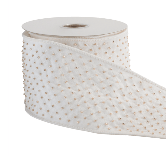 Ivory wired ribbon roll with gold bead accents, 4 inches wide on spool