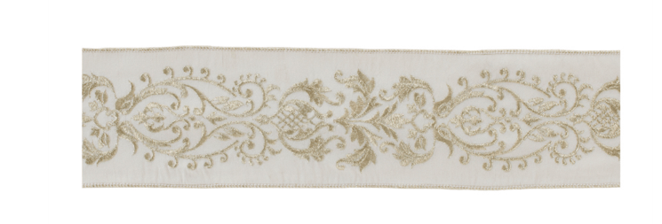 Wide ivory wired ribbon with gold scrolling floral embroidery pattern, 4 inches wide