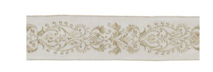 Wide ivory wired ribbon with gold scrolling floral embroidery pattern, 4 inches wide