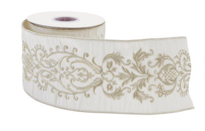 Ivory wired ribbon roll with gold glitter scroll embroidery pattern, 4 inches wide