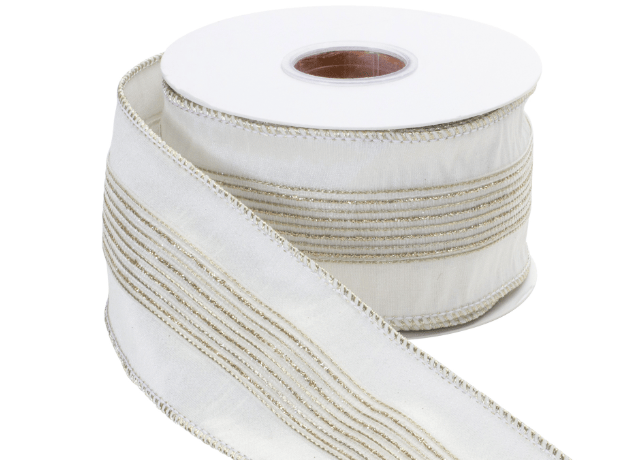 Ivory wired ribbon with gold thread stripes on spool, 2.5 inches wide