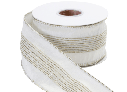 Ivory wired ribbon with gold thread stripes on spool, 2.5 inches wide