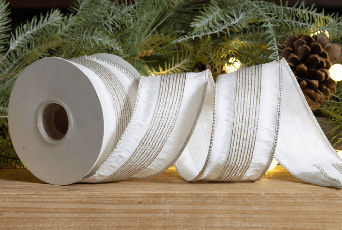 Ivory wired ribbon with gold thread stripes on spool, 2.5 inches wide