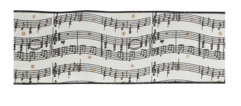 White wired ribbon with black musical notes sheet music pattern and gold dot accents