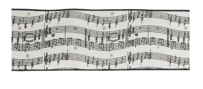 White wired ribbon with black musical notes sheet music pattern and gold dot accents