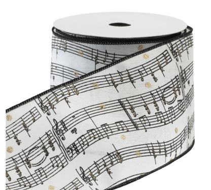 White wired ribbon with black sheet music notes and gold metallic dot accents, 4 inch wide