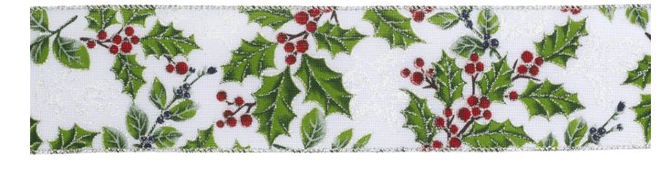 Wired ribbon with green holly leaves and red berries on white fabric
