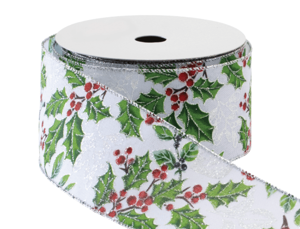 White wired ribbon roll with green holly leaves and red berries, silver edges
