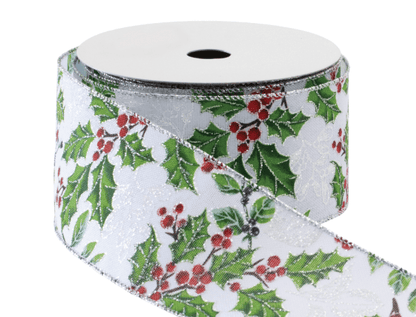 White wired ribbon roll with green holly leaves and red berries, silver edges