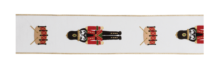 White wired ribbon with repeating red and black nutcracker soldier and drum pattern