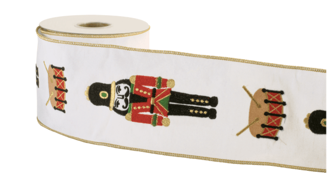 White wired ribbon with nutcracker soldier and drum pattern, gold edges, 4 inch wide