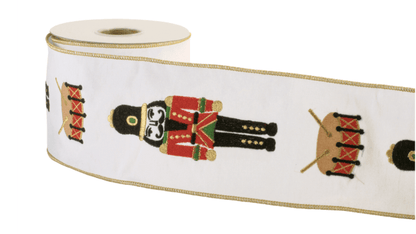 White wired ribbon with nutcracker soldier and drum pattern, gold edges, 4 inch wide