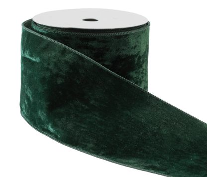 Deep green crushed velvet wired ribbon roll, 4 inches wide, rich emerald tone