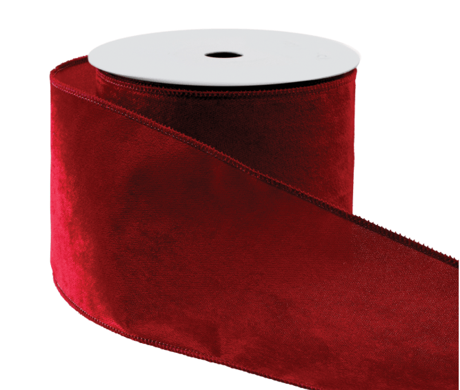 Crimson red wired velvet ribbon roll, 4 inches wide on white spool