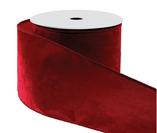 Crimson red wired velvet ribbon roll, 4 inches wide on white spool