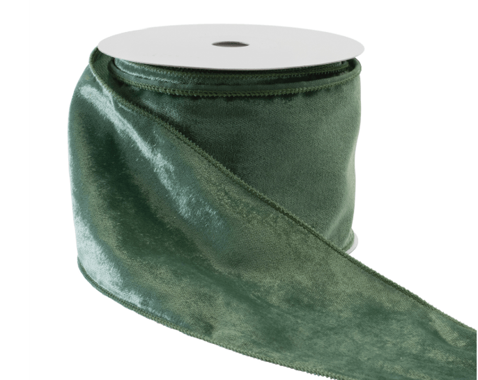 Christmas green velvet wired ribbon on spool, 4 inches wide, forest green color
