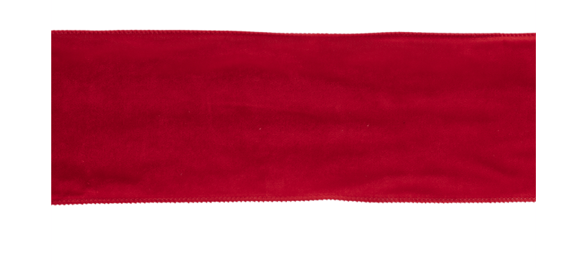 Wide red velvet wired ribbon, 4 inches, rich crimson fabric with serged edges