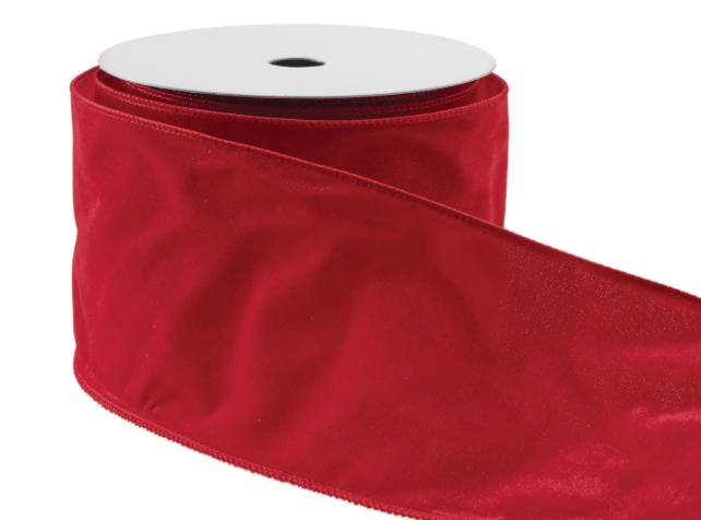 Red velvet wired ribbon roll, 4 inches wide, unrolled to show length