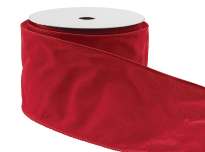 Red velvet wired ribbon roll, 4 inches wide, unrolled to show length