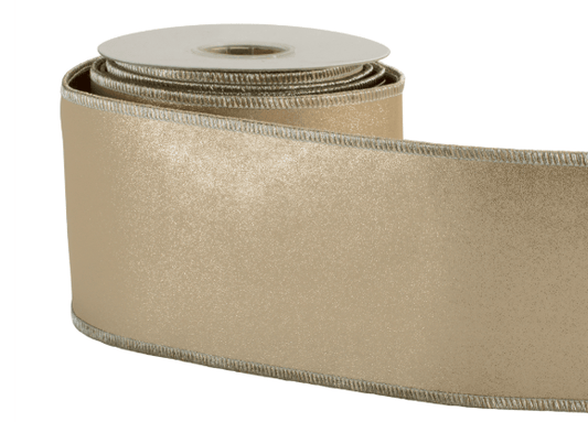 Gold shimmer wired ribbon roll with silver stitched edges, 4 inches wide