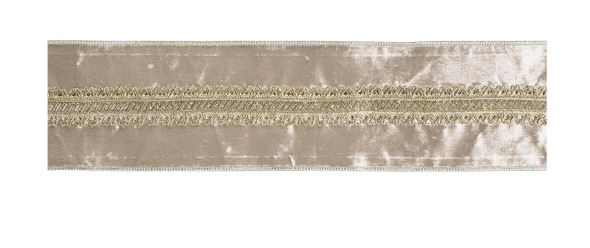 Buff taupe velvet wired ribbon with gold braided trim center, 4 inches wide