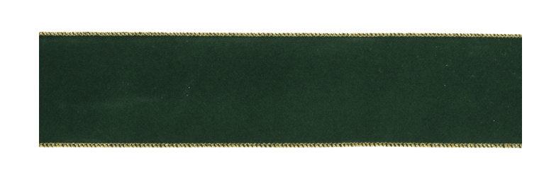 Emerald green velvet wired ribbon with gold trim edges, 2.5 inches wide