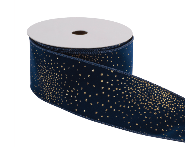 Navy blue wired ribbon with gold glitter dots on spool, 2.5 inches wide