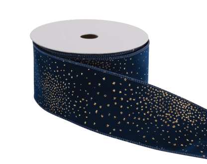 Navy blue wired ribbon with gold glitter dots on spool, 2.5 inches wide