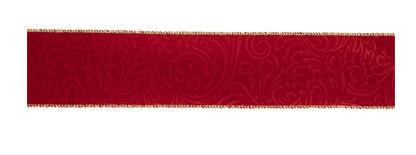 Red velvet wired ribbon with embossed scrollwork pattern and gold edges
