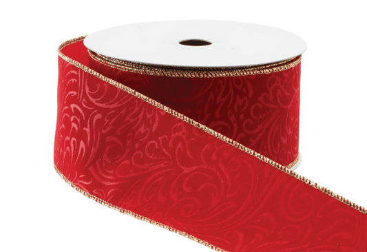 Red embossed velvet wired ribbon with gold edges on spool, 2.5 inches wide