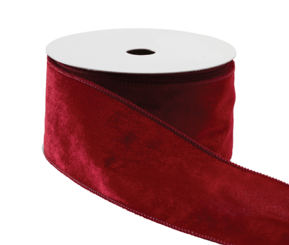 Crimson burgundy velvet wired ribbon on spool, 2.5 inches wide with stitched edges