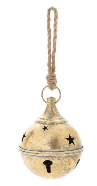 Large gold metal jingle bell with star cutouts and rustic rope hanger