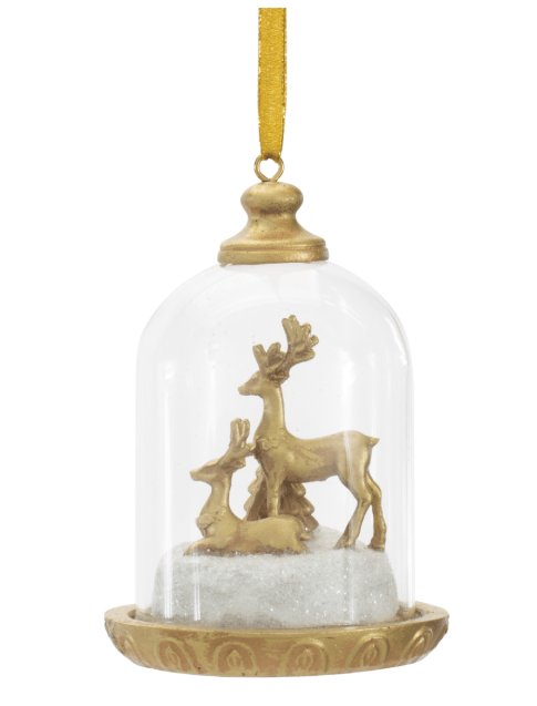 Gold resin deer figures inside clear glass cloche Christmas ornament with gold ribbon