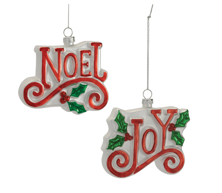 Red and white glass NOEL and JOY Christmas ornaments with holly berry accents