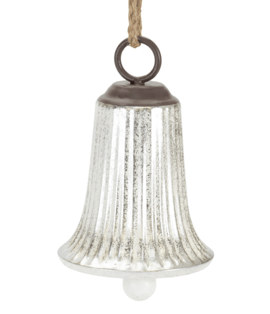 Silver mercury glass bell ornament with ribbed texture and rustic iron top on rope hanger