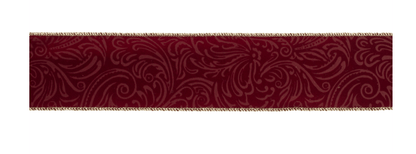 Burgundy wired ribbon with embossed scroll pattern and gold wired edges, 2.5 inches wide