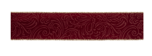 Burgundy wired ribbon with embossed scroll pattern and gold wired edges, 2.5 inches wide