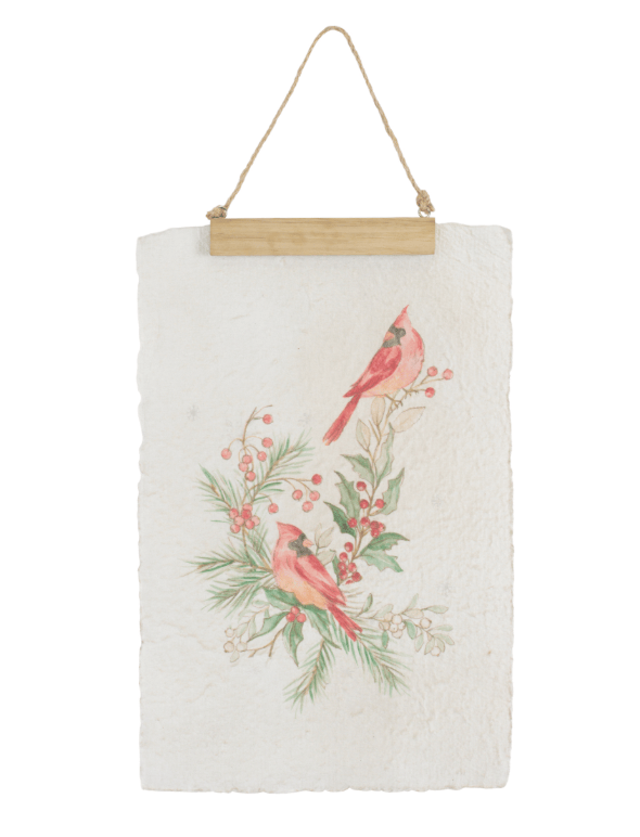 Watercolor cardinal birds pine holly banner wall hanging on textured paper