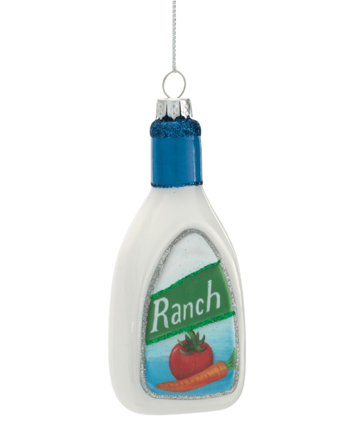 Glass ranch dressing bottle Christmas ornament with blue cap and label