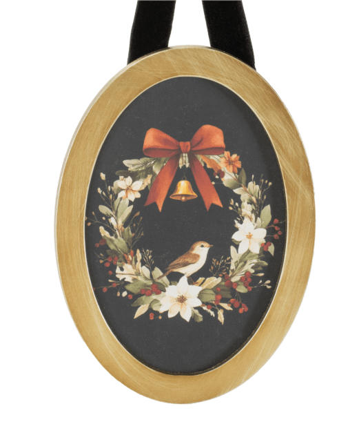 Oval gold-framed Christmas wreath art with bird, bell, red bow, and floral details