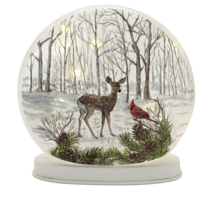 LED snow globe disc with deer cardinal pine branches winter forest scene white base