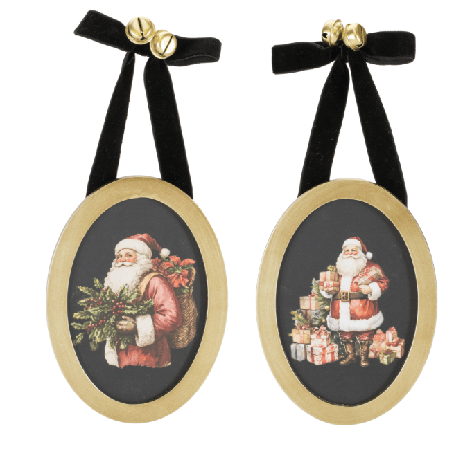 Two oval gold-framed vintage Santa ornaments with black velvet ribbon and jingle bells