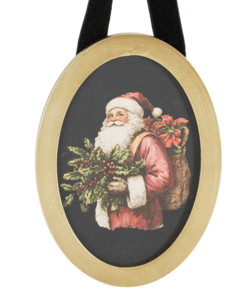 Oval gold-framed ornament with vintage Santa Claus holding holly, black background