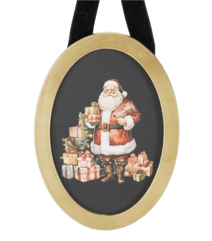 Oval gold-framed ornament with vintage Santa Claus and gifts on black background